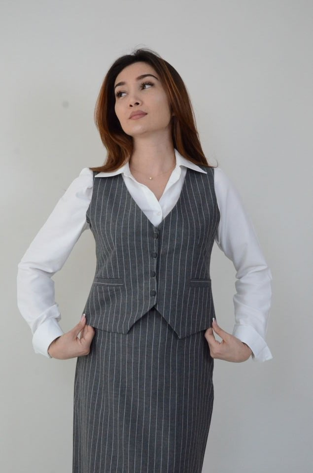 Klasik Çizgili Gri Yelek