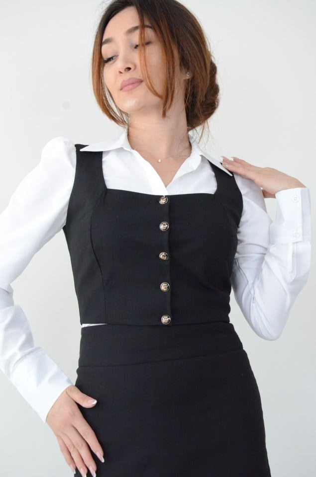 Fitted Düz Siyah Yelek